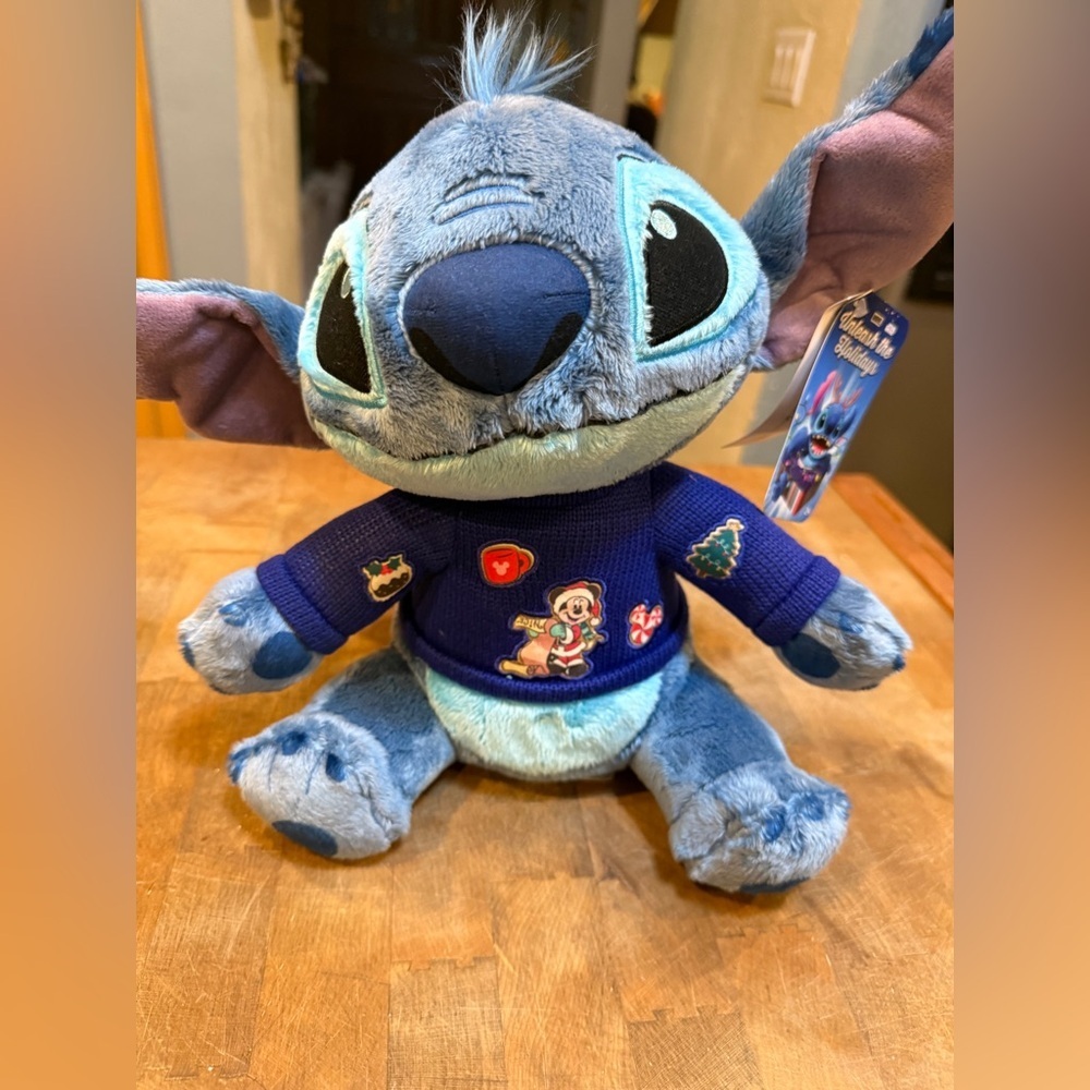 Disney Christmas Holiday Blue Stitch Plush Stuffed Toy with Mickey Mouse Sweater